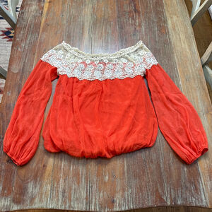 Anthropologie Ryu Orange & Beige Lace Blouse Small Sequins Beaded Gypsy Boho